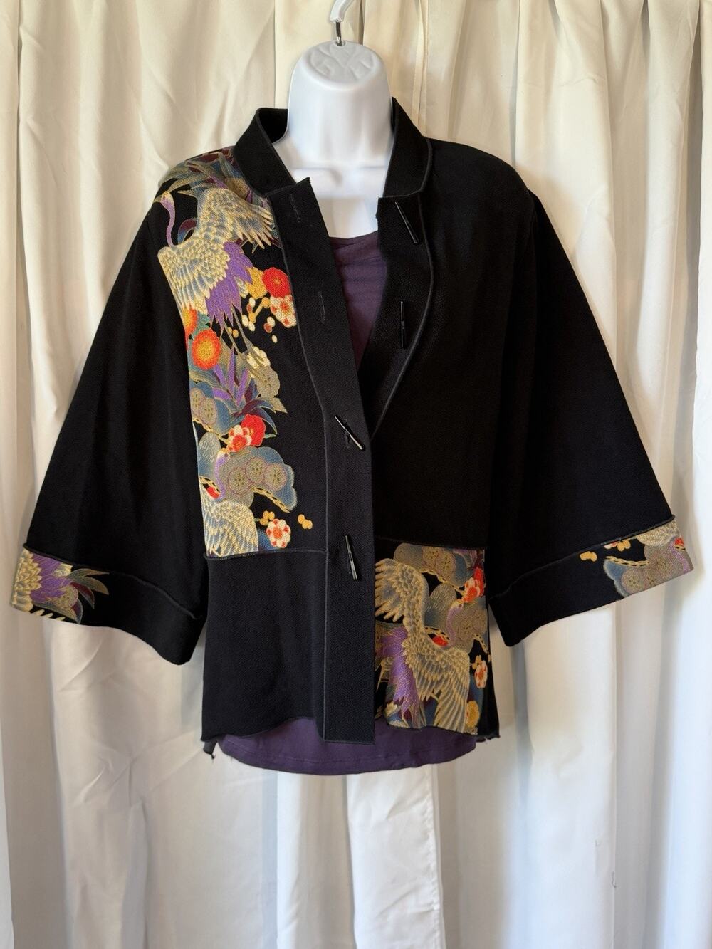 Japanese Art to Wear Crane Print Kimono Jacket Black Floral Size M Vintage